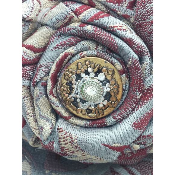 Vintage Silk Tie Brooch Pin Upcycled Wembley Hand Crafted Floral Button Jeweled - Picture 8 of 12